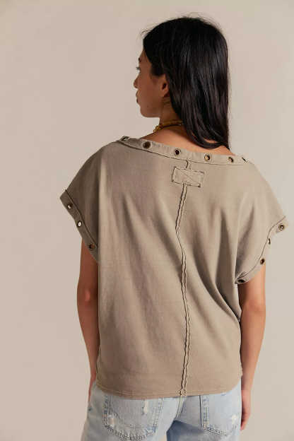 New Arrivals🎀Vintage Metal Grommet Asymmetric Tee | Washed Off-Shoulder Short Sleeve Top