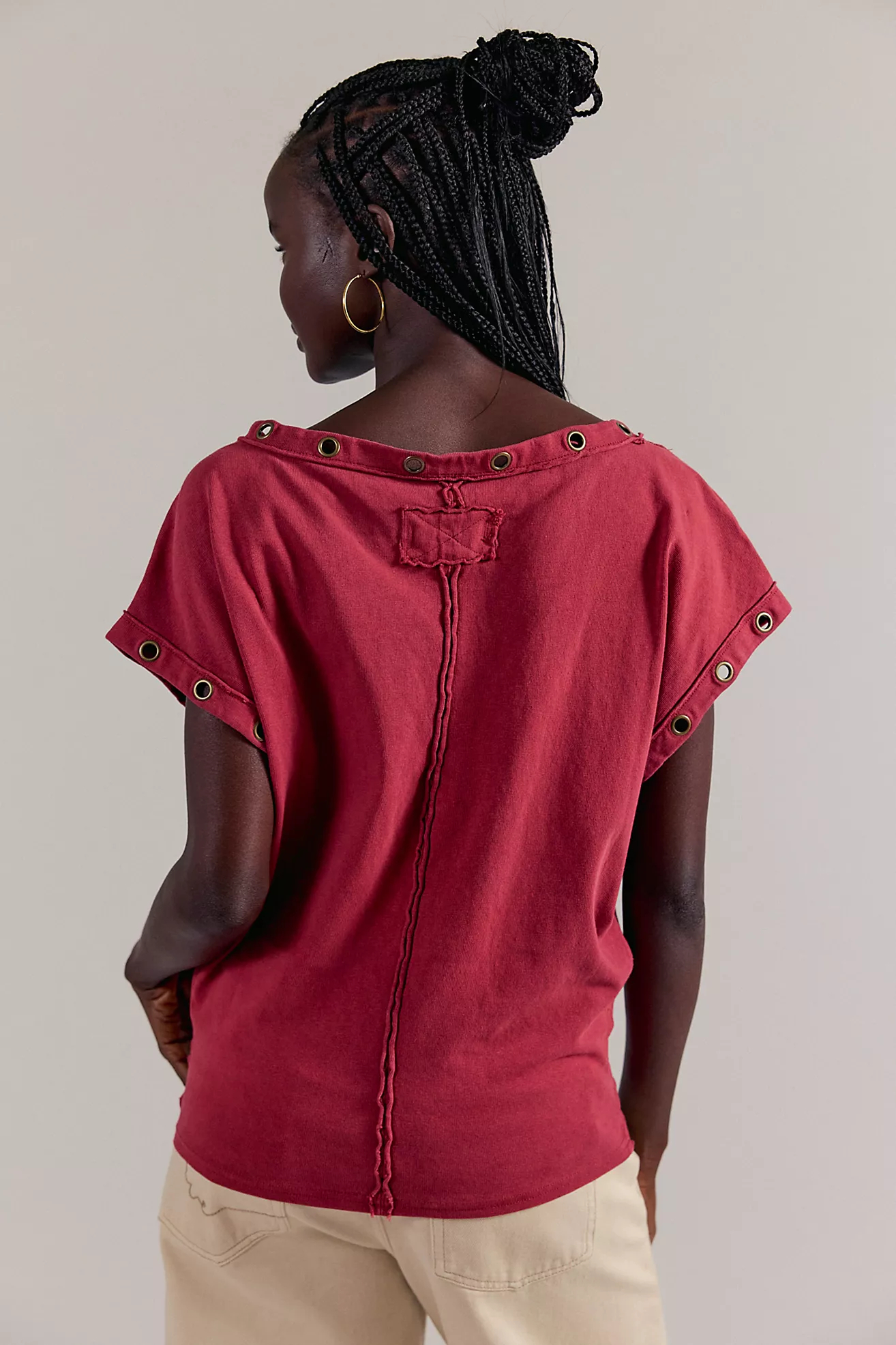 New Arrivals🎀Vintage Metal Grommet Asymmetric Tee | Washed Off-Shoulder Short Sleeve Top