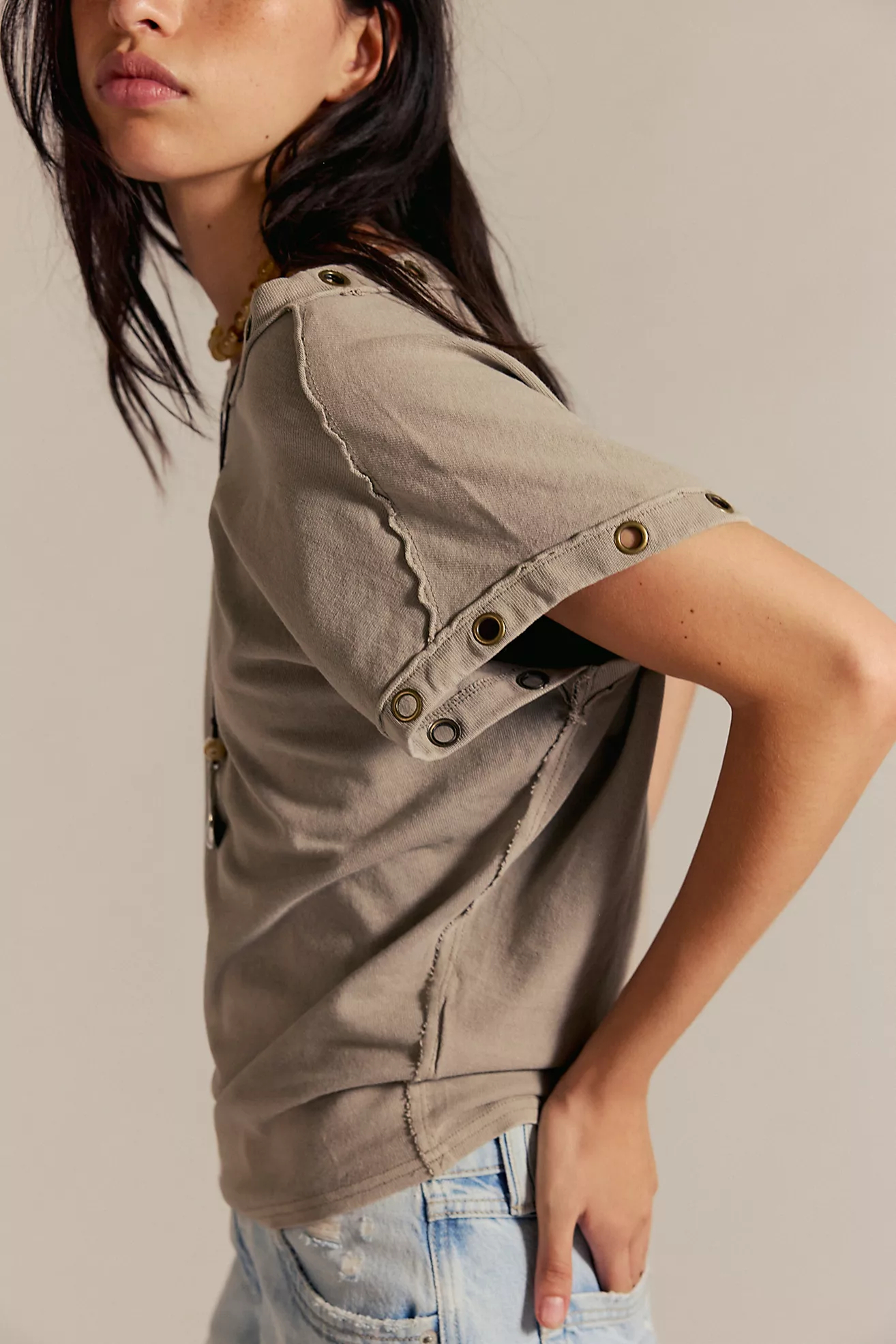 New Arrivals🎀Vintage Metal Grommet Asymmetric Tee | Washed Off-Shoulder Short Sleeve Top
