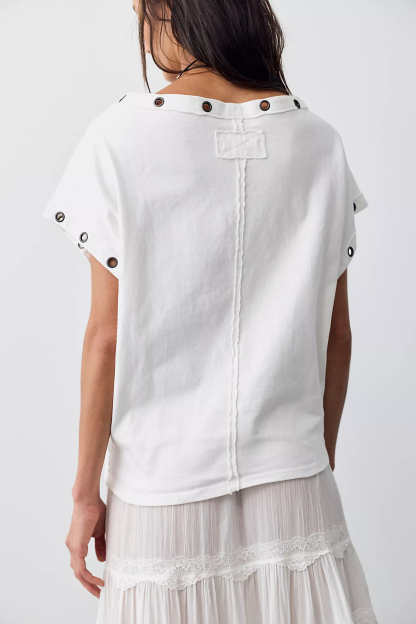 New Arrivals🎀Vintage Metal Grommet Asymmetric Tee | Washed Off-Shoulder Short Sleeve Top