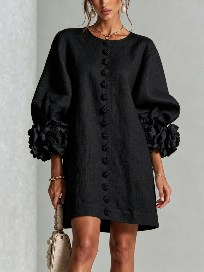 💝💝Floral Button-down Mini Dress With Striking Floral Cuffs