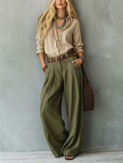 Women's Blouse & Wide-Leg Pants Set – Loose Fit Two-Tone 2-Piece