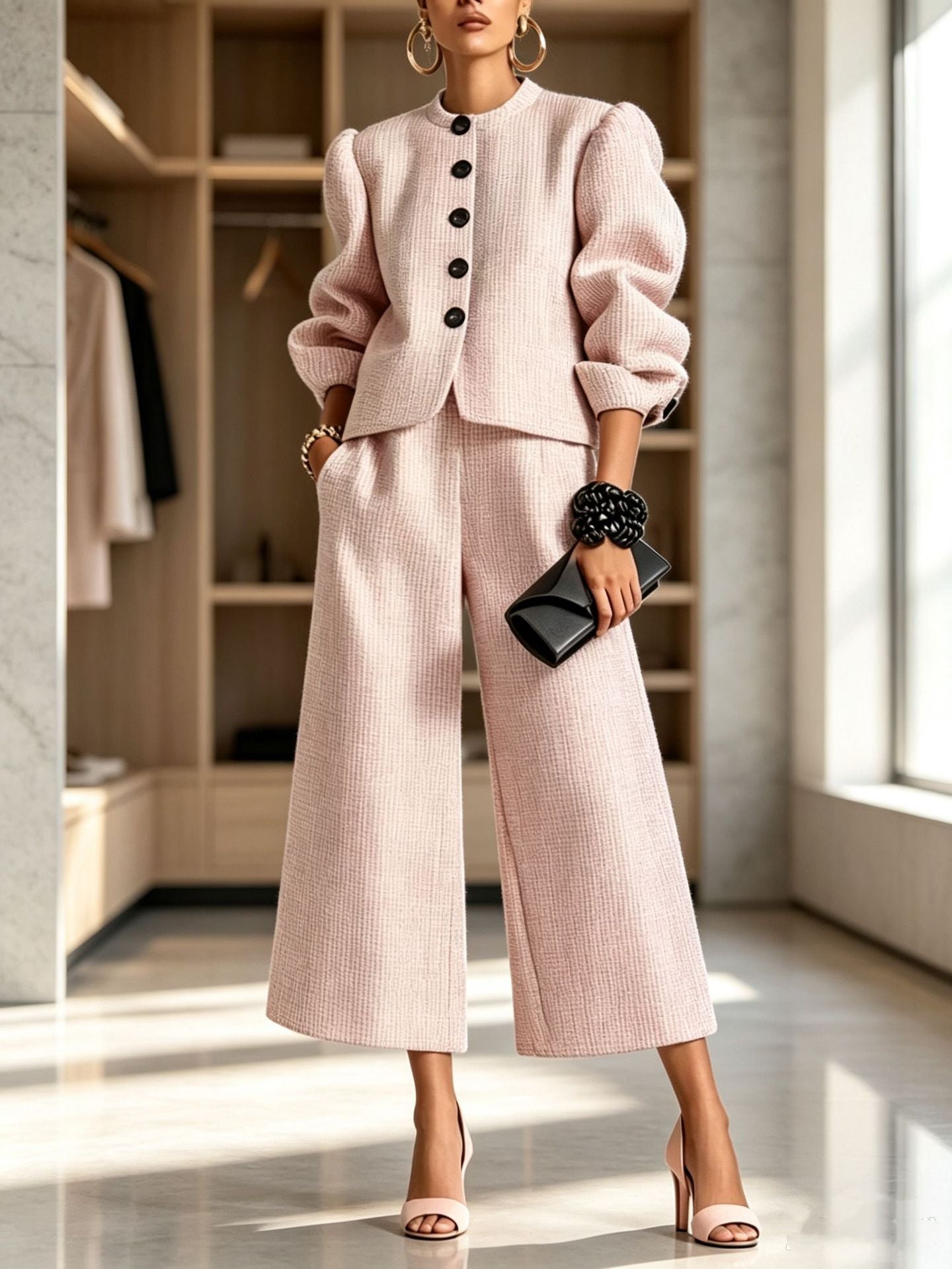 Soft pink textured jacket and cropped wide-leg pants, with puffed shoulders, gathered cuffs and dark front buttons