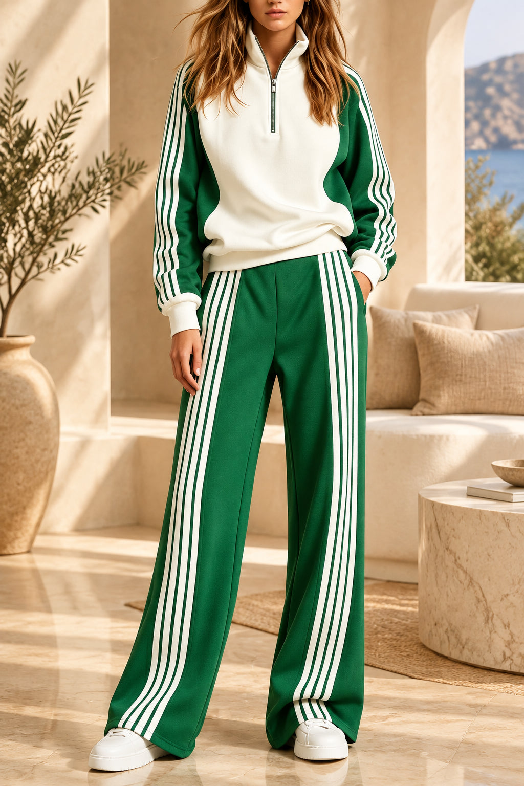 Women’s three-stripe colour-block half-zip sweatshirt and wide-leg track trouser set in Green and White – white body sweatshirt with deep forest green sleeves and side panels, three narrow white stripes outer arm full length, half-zip metal collar open, relaxed oversized fit, ribbed cuffs and hem, matching green wide-leg front-crease track trouser three white side stripes both legs waist to hem, high-rise elasticated waist, side pockets, floor-length, white low-top sneakers, beige wall studio