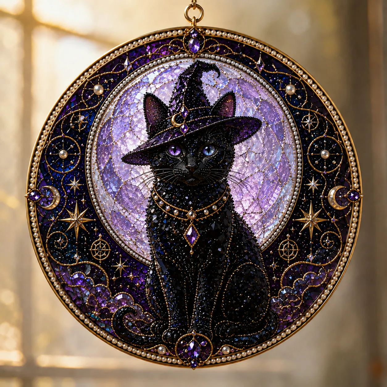 🌙🐈‍⬛ BEST SELLING – ✨ 3D Acrylic Lunar Cat Window Pendant | Bohemian Celestial Home Accent DIY with Decorative Beads