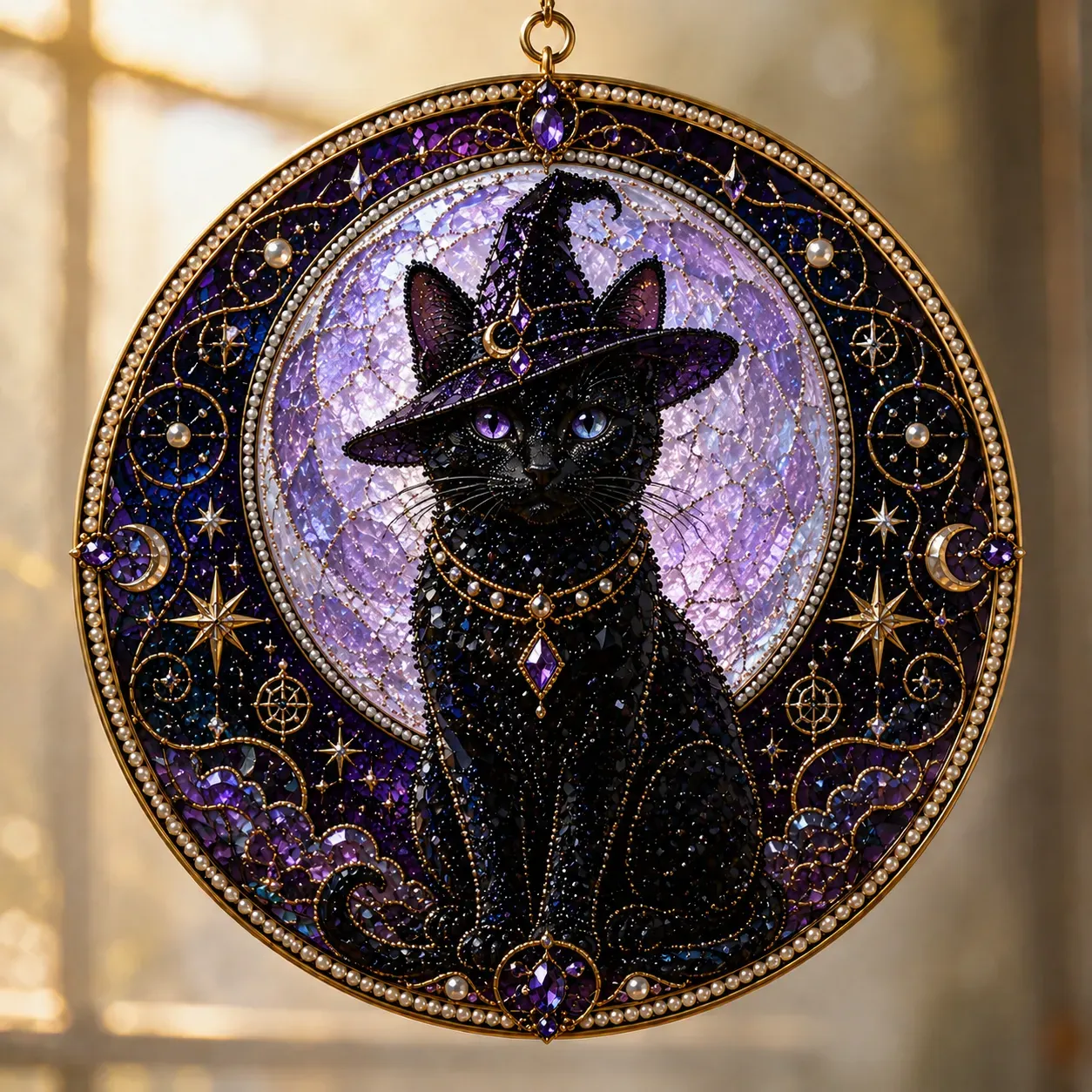 🌙🐈‍⬛ BEST SELLING – ✨ 3D Acrylic Lunar Cat Window Pendant | Bohemian Celestial Home Accent DIY with Decorative Beads