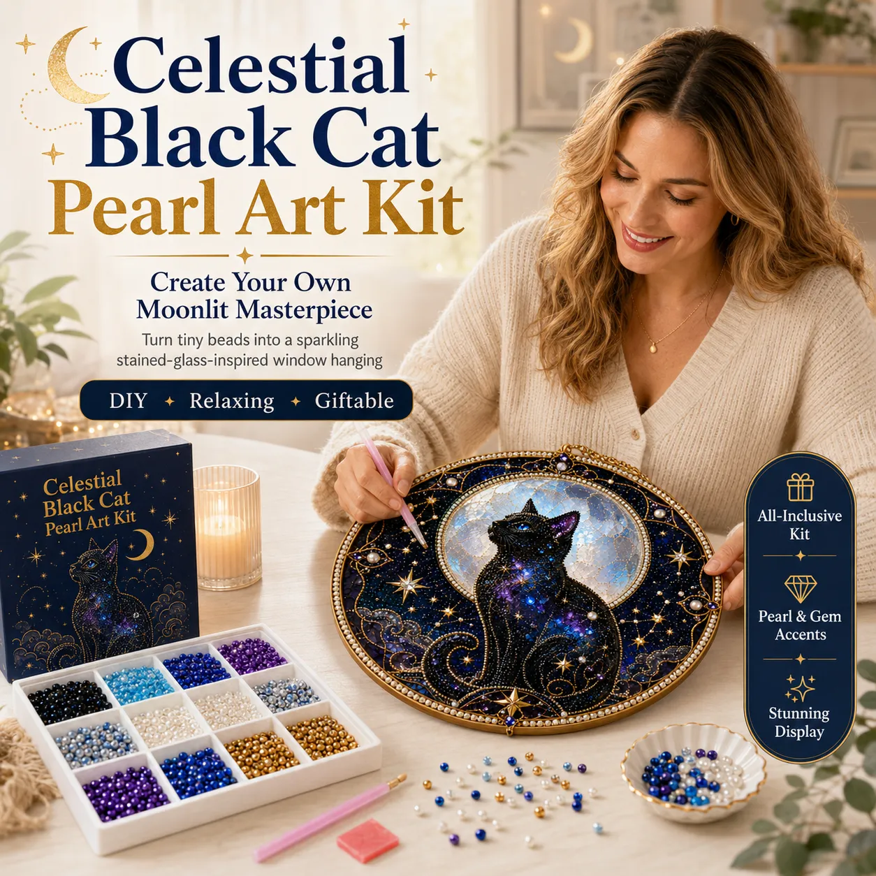 🌙🐈‍⬛ BEST SELLING – ✨ 3D Acrylic Lunar Cat Window Pendant | Bohemian Celestial Home Accent DIY with Decorative Beads
