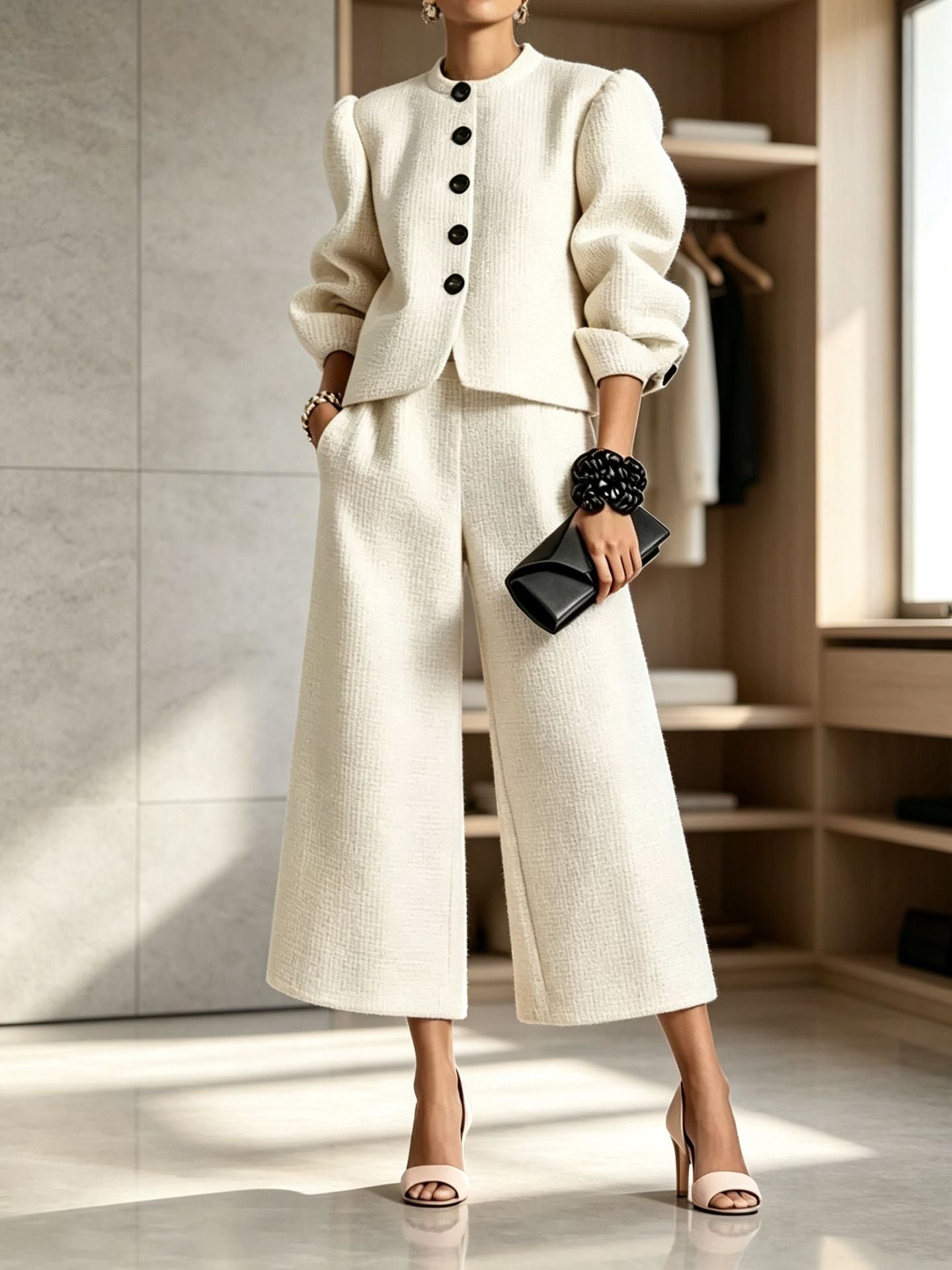 Milky white textured puff-sleeve jacket and cropped wide-leg pants with contrasting black buttons
