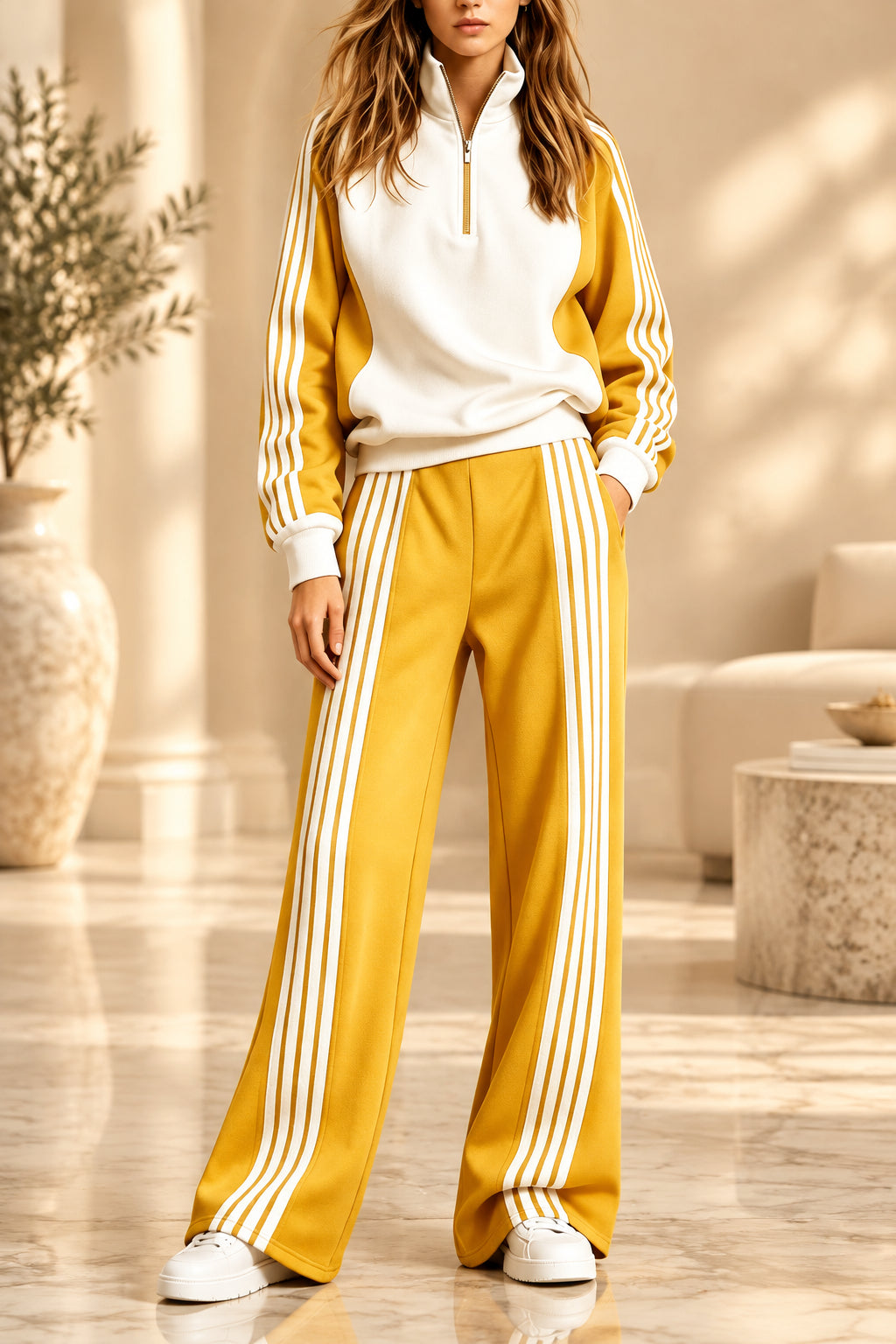 Women’s three-stripe colour-block half-zip sweatshirt and wide-leg track trouser set in Yellow and White – white body sweatshirt with warm amber yellow sleeves and side panels, three narrow white stripes outer arm shoulder to wrist, half-zip silver metal open funnel collar, relaxed fit dropped shoulders, ribbed cuffs and hem, matching yellow wide-leg front-crease track trouser three white stripes both outer legs, high-rise elasticated waist, side pockets, floor-length, white sneakers, beige studio wall