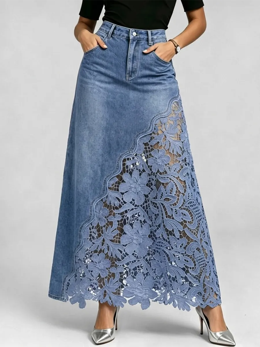 Stylish & Sexy ❤️‍🔥 Lace-paneled Cutout Denim Skirtv