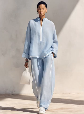 Women's Light‑Blue Linen Fabric Stand‑Collar Half‑Zip Oversized Top & Wide‑Leg Pants Set