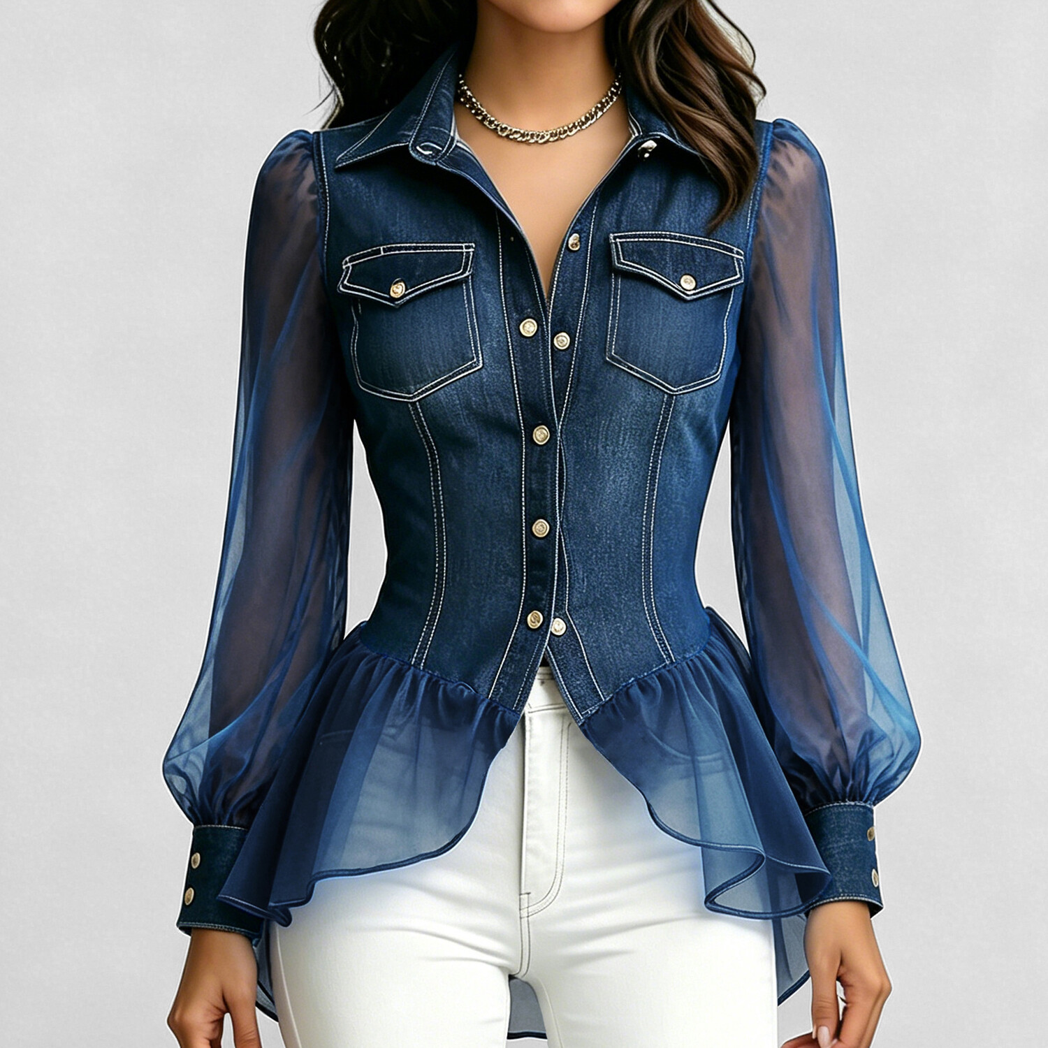 Women's Denim Patchwork Organza See Through Puff Sleeve Button Pockets Peplum Blouse