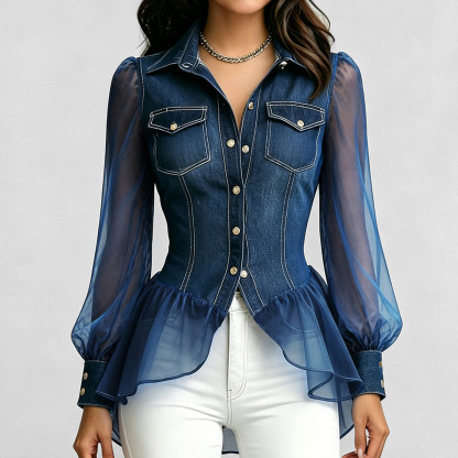 Women's Denim Patchwork Organza See Through Puff Sleeve Button Pockets Peplum Blouse