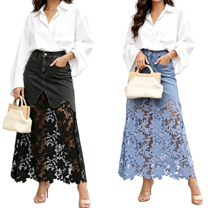 Women's denim bodycon skirt with lace trim