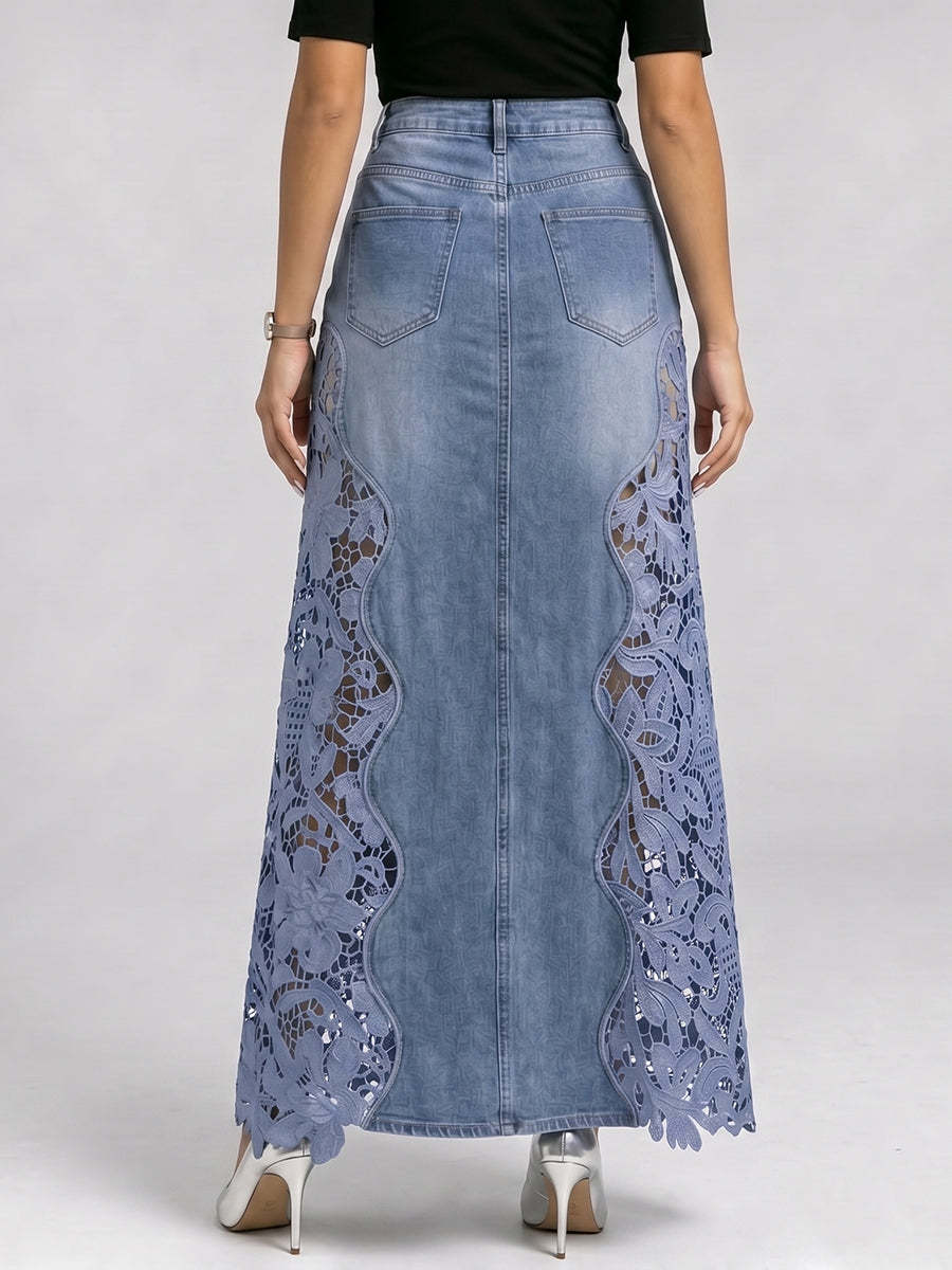 Stylish Lace-paneled Long Denim Skirt