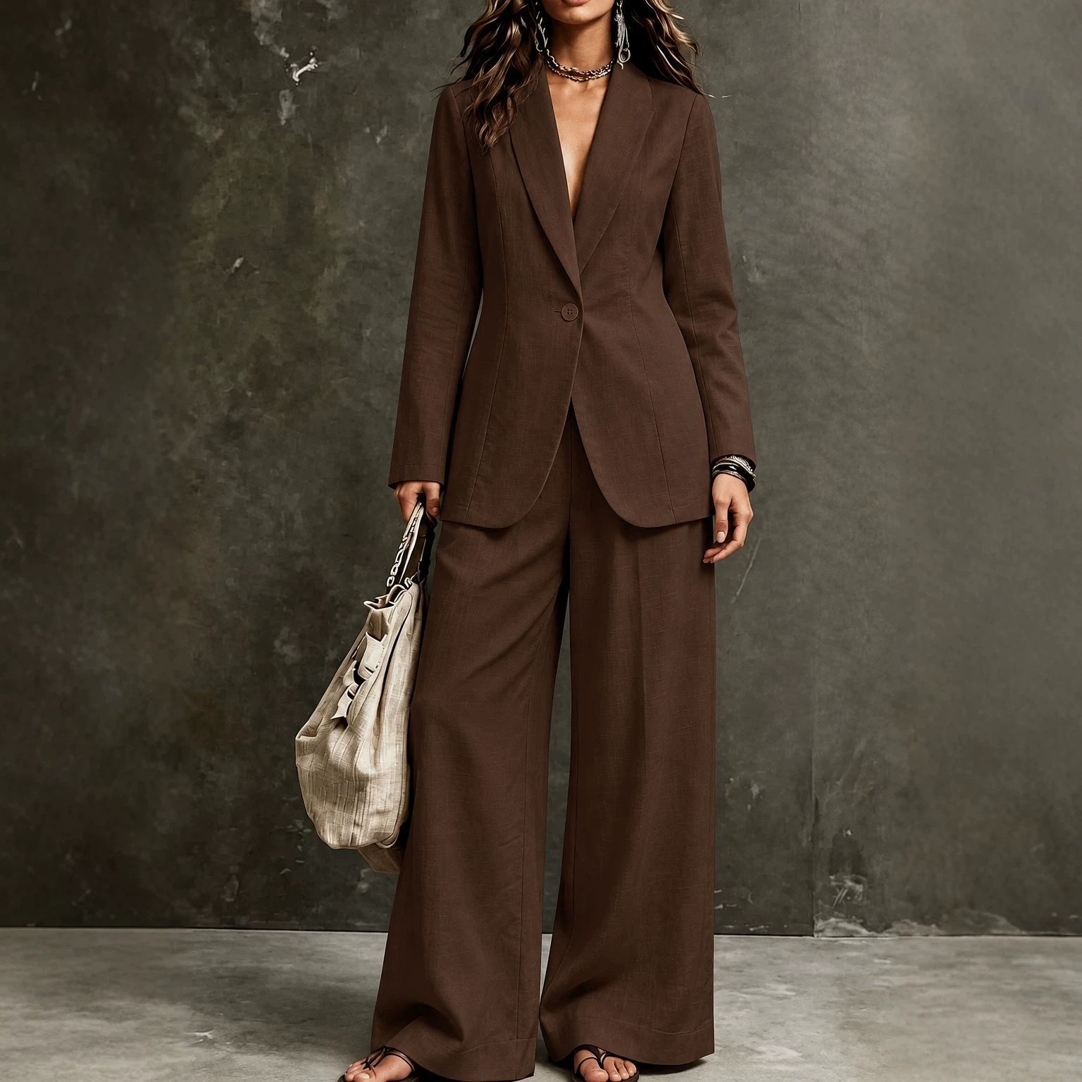 Women’s linen-look single-button notch-lapel blazer and wide-leg trouser suit set in Dark Brown – warm rich chocolate dark brown – full-length front standing view against grey concrete studio backdrop, fitted blazer with notch lapel single tonal button, front welt pockets, structured shoulders, waist-suppressed fitted body, hip-length hem, wide-leg straight full-length trouser, large beige woven tote left hand, layered chain necklace, turquoise drop statement earrings, stacked black bead bracelets right wrist, flat thong sandals