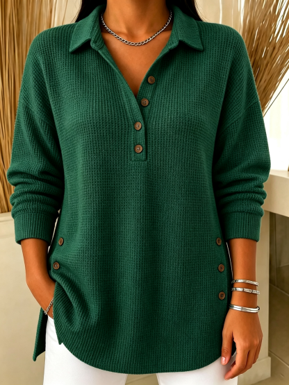 Chic Long Sleeve Waffle Knit Polo Sweater Casual Loose Henley Shirt(📦Buy 2 FREE SHIPPING & EXTRA 10% OFF)