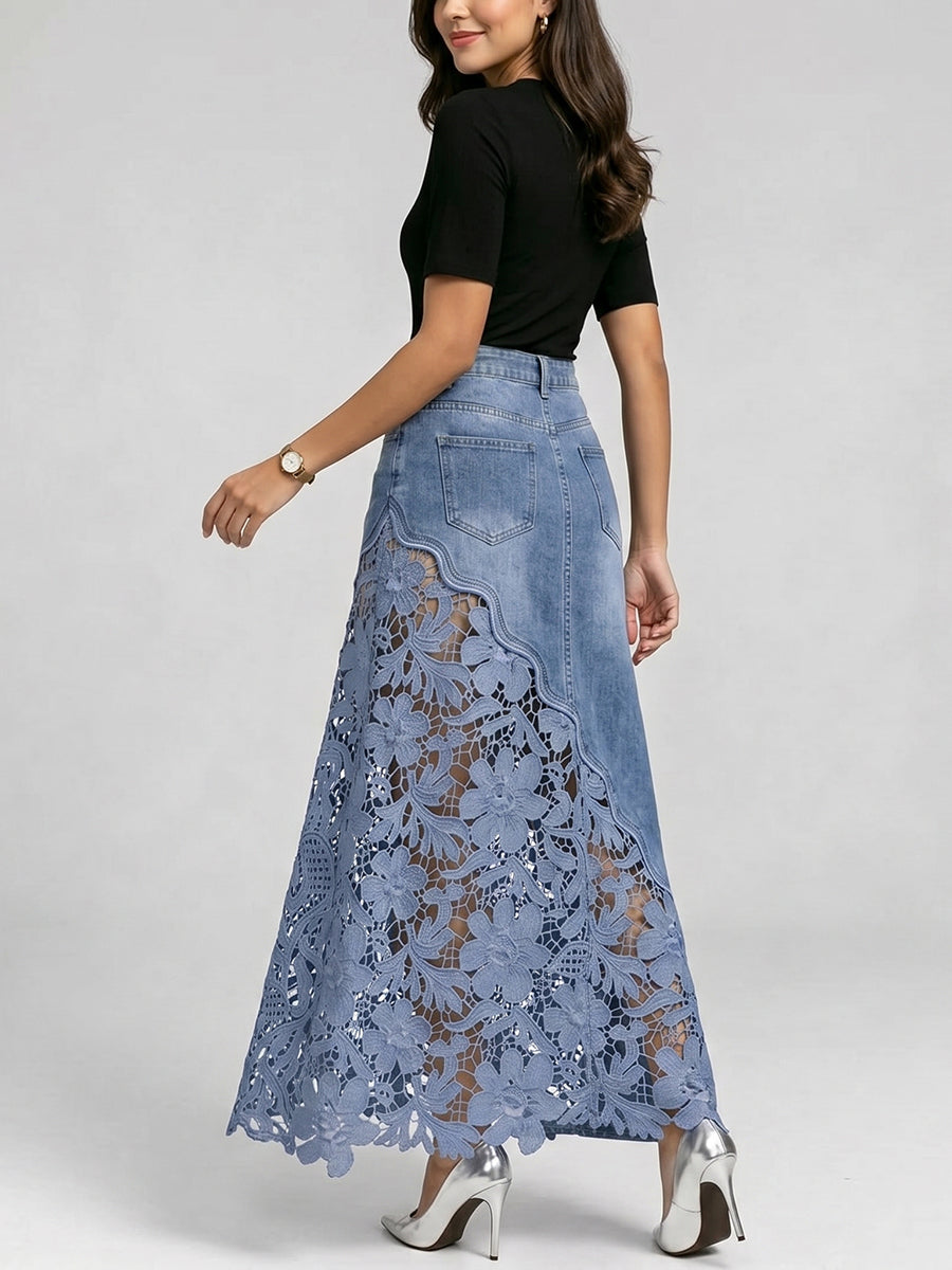 Stylish & Sexy ❤️‍🔥 Lace-paneled Cutout Denim Skirtv