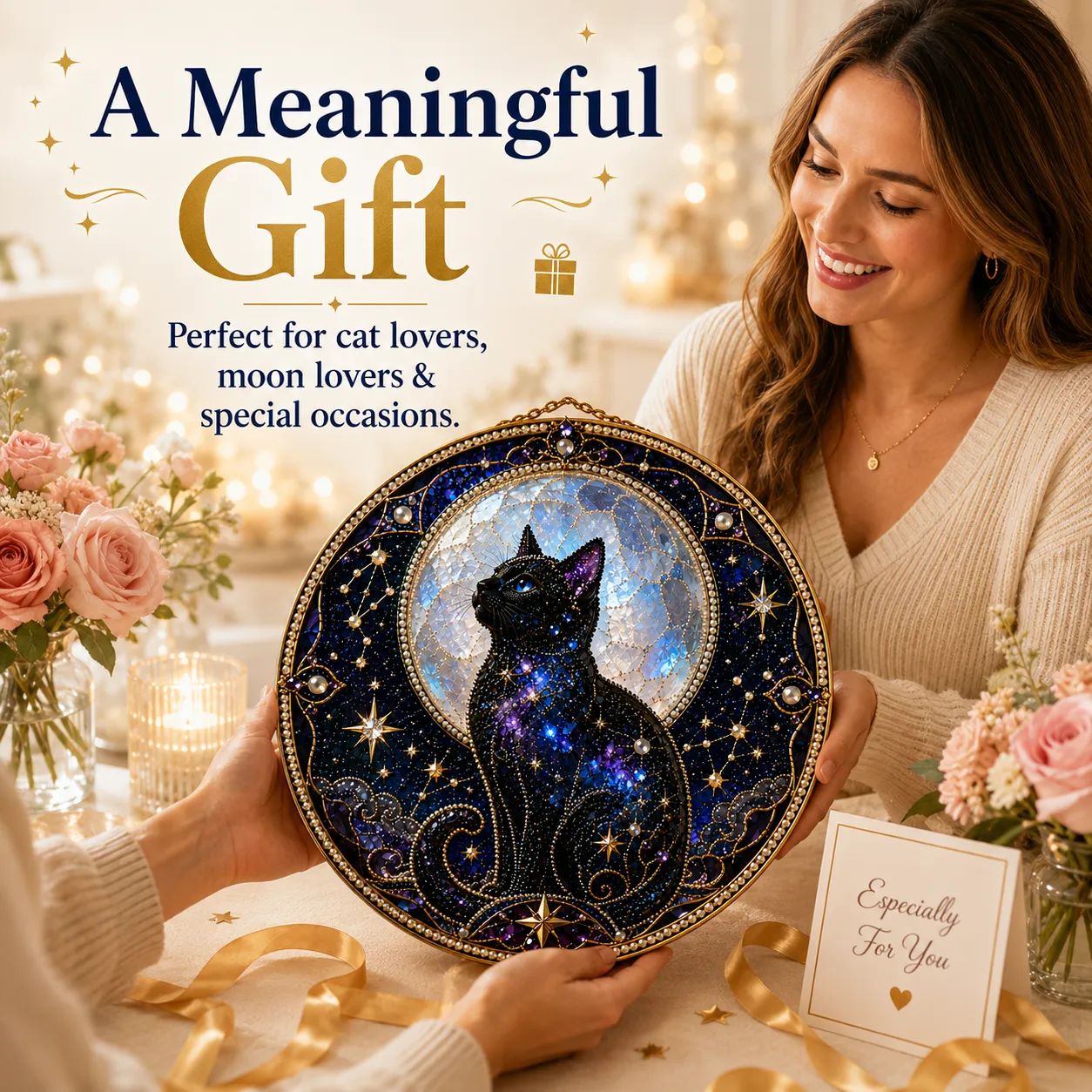 🌙🐈‍⬛ BEST SELLING – ✨ 3D Acrylic Lunar Cat Window Pendant | Bohemian Celestial Home Accent DIY with Decorative Beads