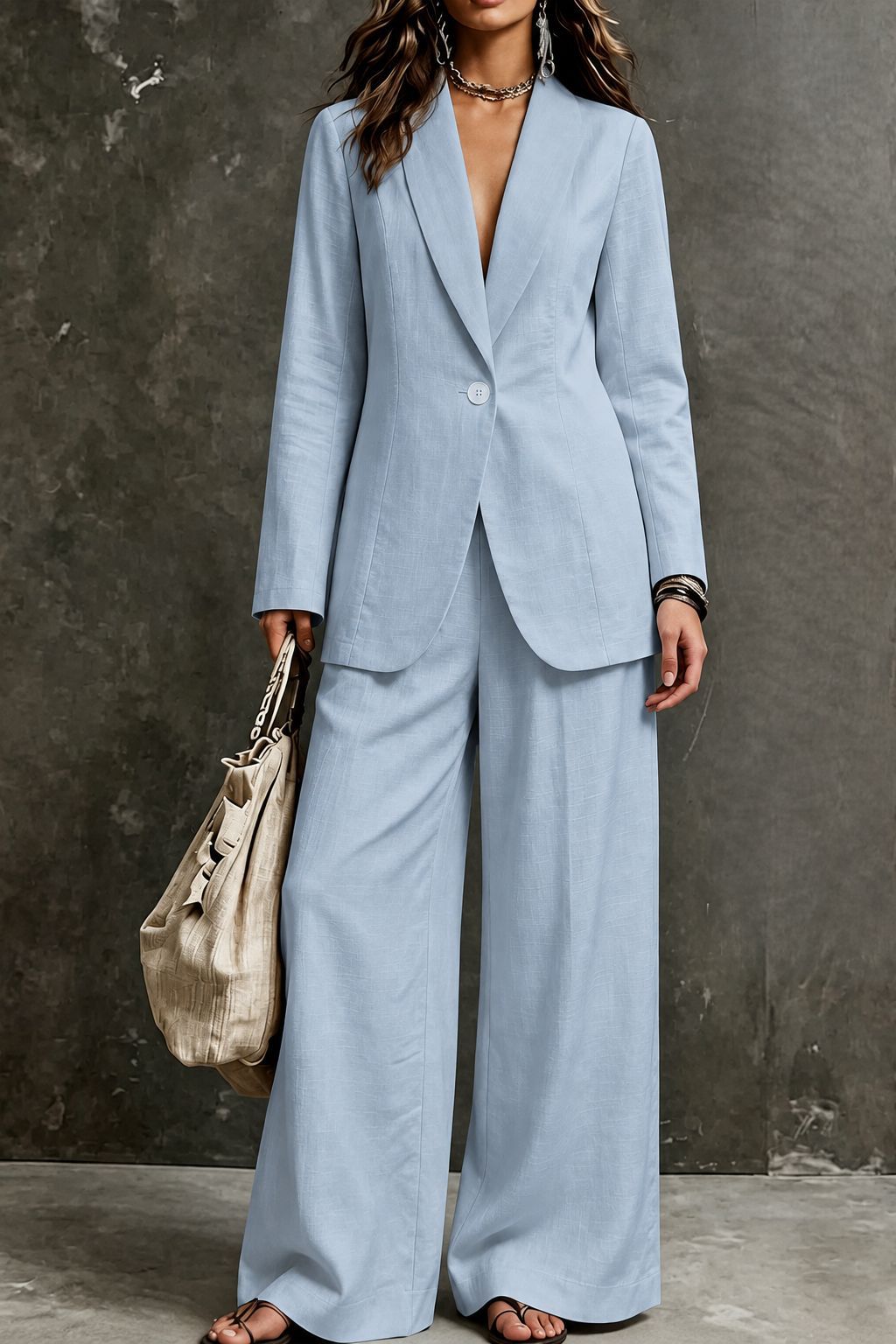 Women’s linen-look single-button notch-lapel blazer and wide-leg trouser suit set in Light Blue – soft powder sky blue – full-length front standing view against grey concrete backdrop, open-front fitted blazer notch lapel single light tonal button at waist, front welt pockets, structured shoulders, hip-length hem, wide-leg straight linen-look woven trouser full-length floor-grazing, large beige woven chain-handle tote bag left hand, layered metal chain necklace, turquoise drop earrings, stacked bead bracelets right wrist, flat thong sandals