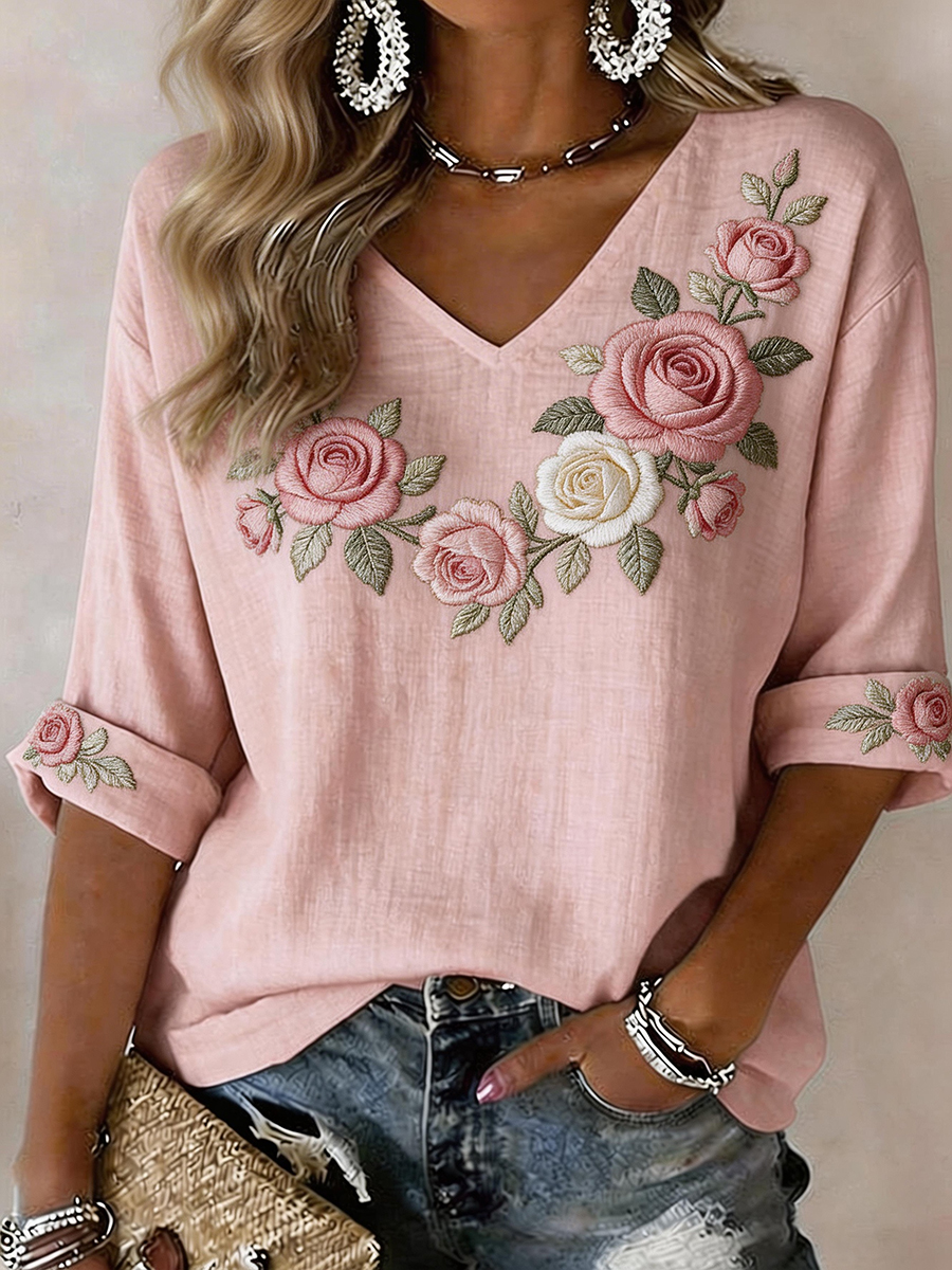Women's Romantic Rose-Print Linen-Blend Shirt