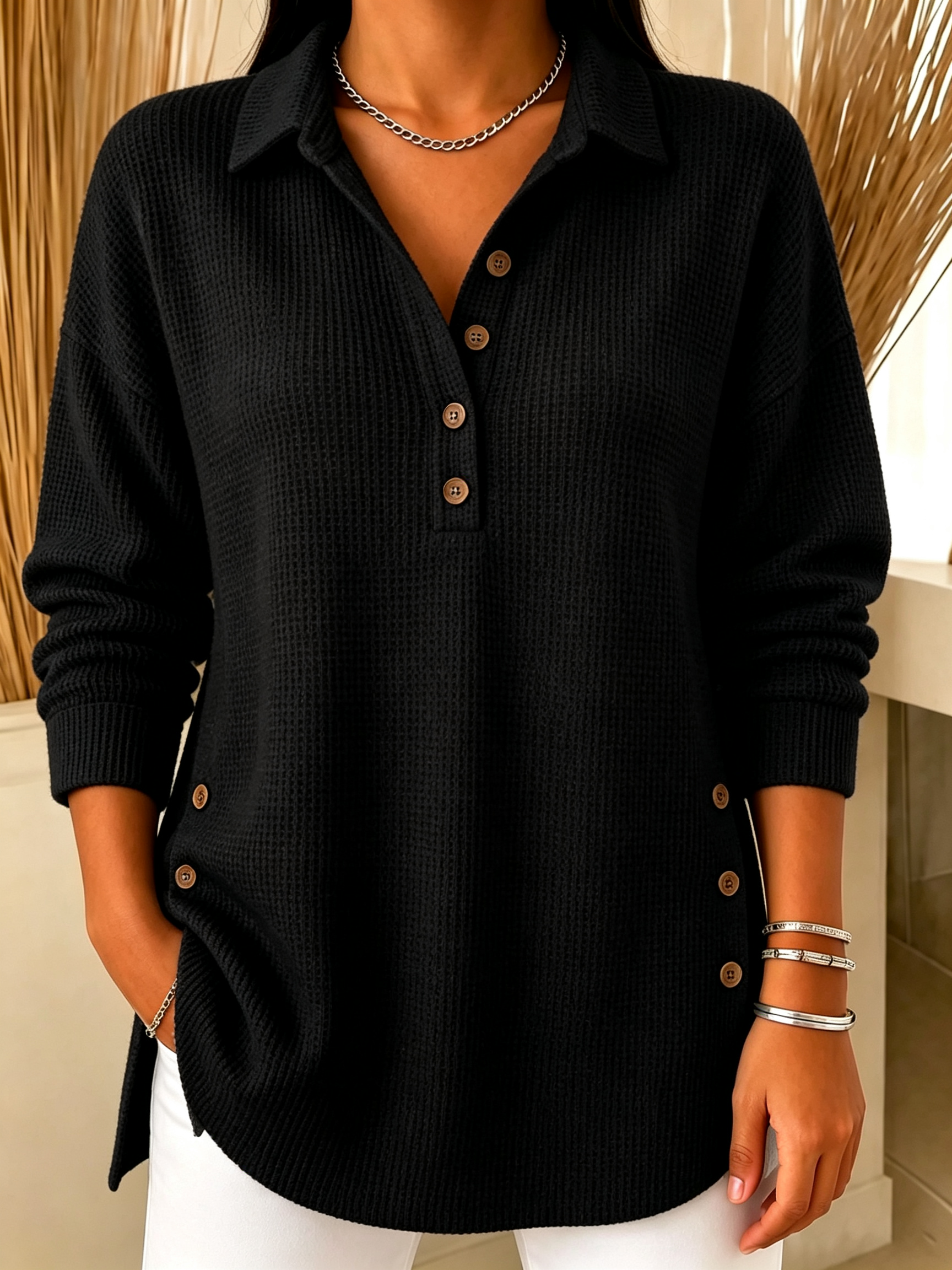 Chic Long Sleeve Waffle Knit Polo Sweater Casual Loose Henley Shirt(📦Buy 2 FREE SHIPPING & EXTRA 10% OFF)
