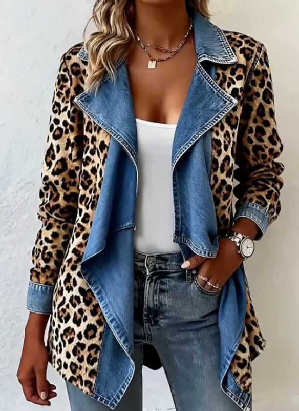 Women's Lightweight Denim Jacket Open Front Draped Lapel Long Sleeve Casual Coat