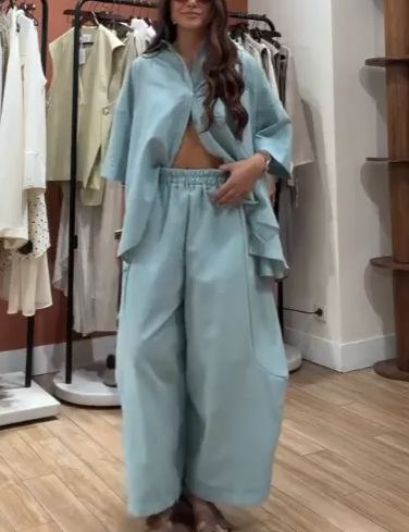 Women's  2-Piece Set Pleated Oversized Shirt & Wide Leg Pants