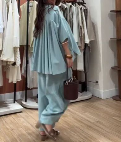 Women's  2-Piece Set Pleated Oversized Shirt & Wide Leg Pants