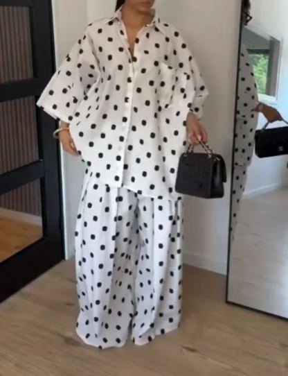 Women’s Oversized Polka Dot Linen Matching Set, 3/4 Sleeve Button Down Shirt & Wide Leg Pants Two Piece Outfit