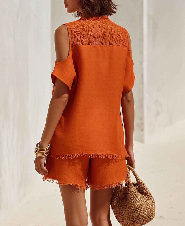 Chic Bohemian Short-Sleeve Cutout Frayed-Hem Orange Top And Shorts Set