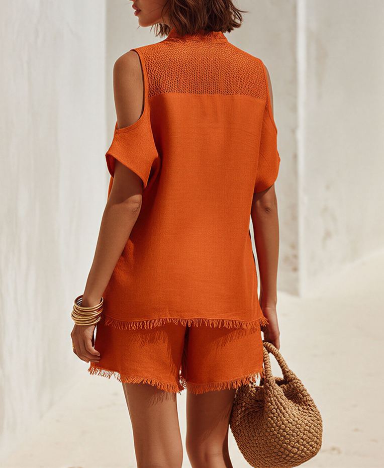 Chic Bohemian Short-Sleeve Cutout Frayed-Hem Orange Top And Shorts Set