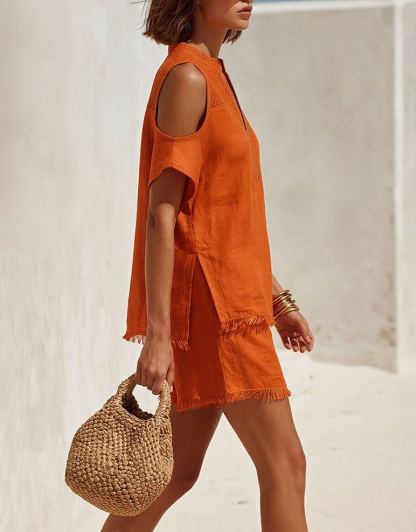 Chic Bohemian Short-Sleeve Cutout Frayed-Hem Orange Top And Shorts Set