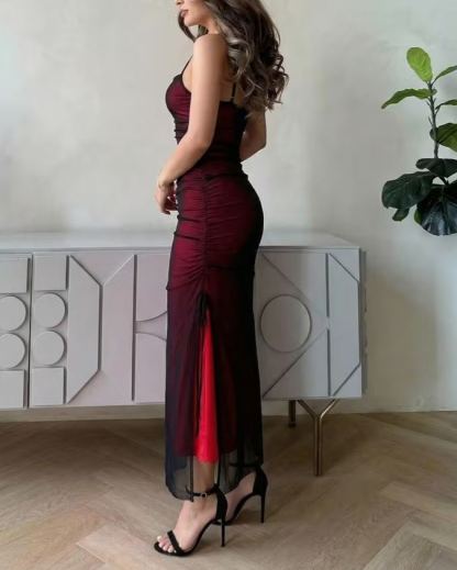 Mesh Ruched Side Slit Bodycon Cami Maxi Dress