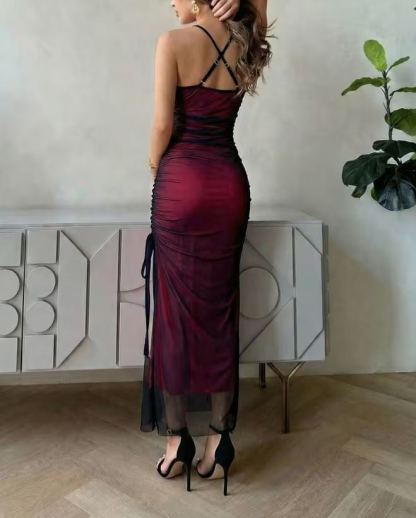 Mesh Ruched Side Slit Bodycon Cami Maxi Dress