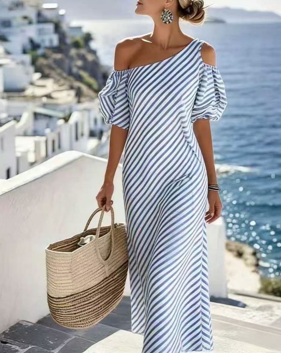 One-Shoulder Puff Sleeve Striped Maxi Dress