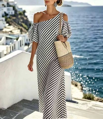 One-Shoulder Puff Sleeve Striped Maxi Dress