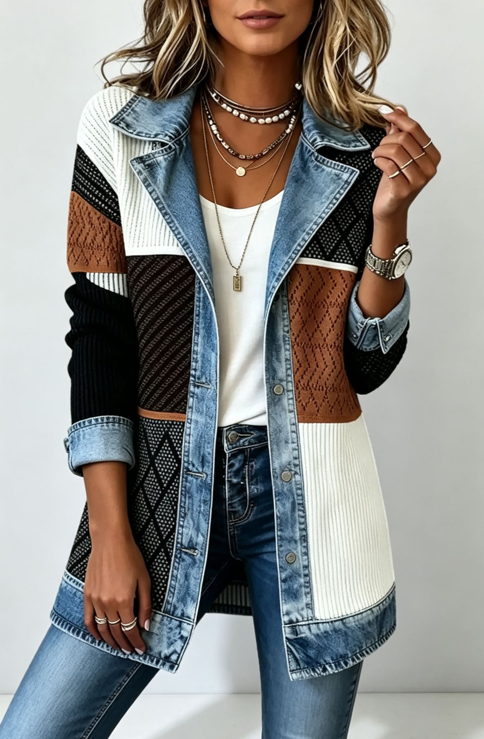 Elegant Mixed Media Denim Knit Cardigan Open Front Lapel Sweater Coat Mid Length Comfort Fit Outerwear