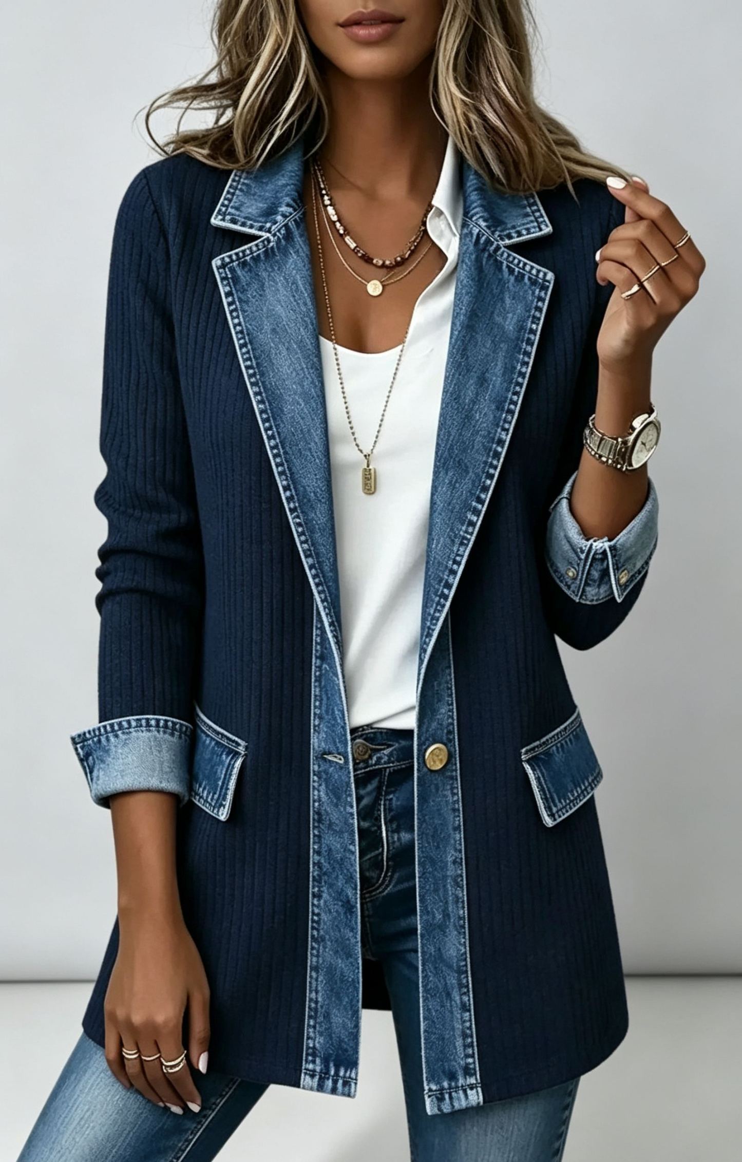 Elegant Mixed Media Denim Knit Cardigan Open Front Lapel Sweater Coat Mid Length Comfort Fit Outerwear