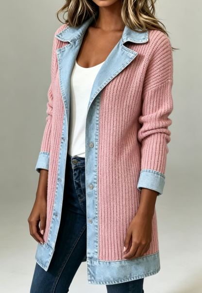 Elegant Mixed Media Denim Knit Cardigan Open Front Lapel Sweater Coat Mid Length Comfort Fit Outerwear