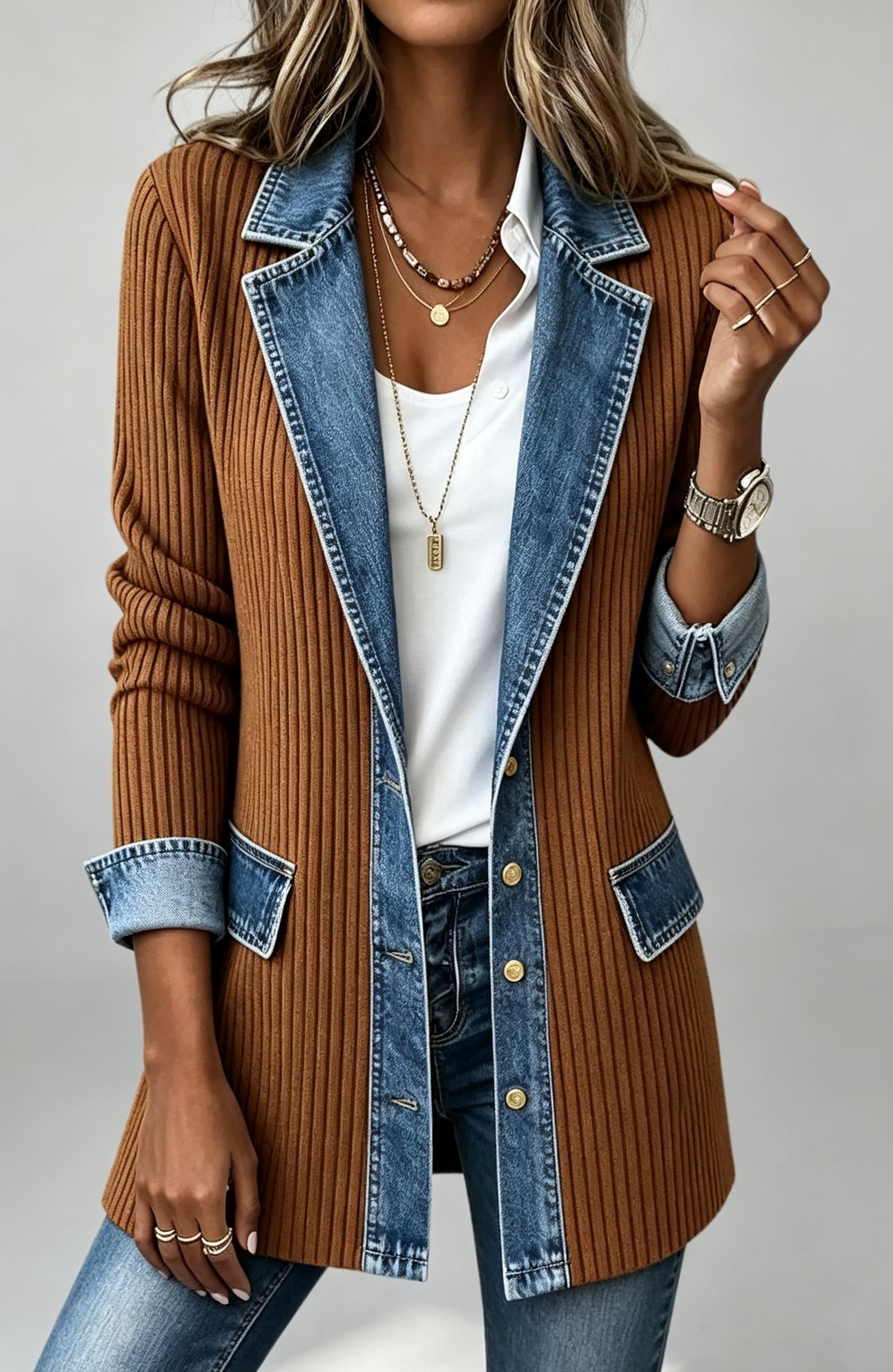 Elegant Mixed Media Denim Knit Cardigan Open Front Lapel Sweater Coat Mid Length Comfort Fit Outerwear