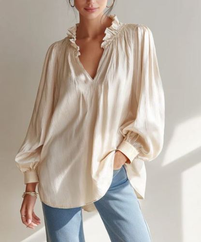 Women's Ruffle V Neck Blouse Long Balloon Sleeve Loose Fit Casual Dressy Top