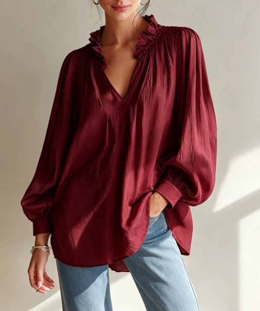 Women's Ruffle V Neck Blouse Long Balloon Sleeve Loose Fit Casual Dressy Top