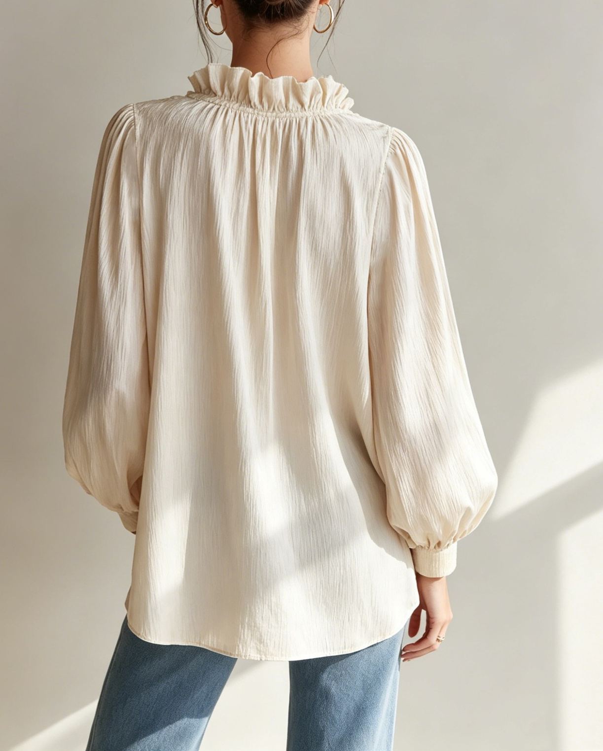 Women's Ruffle V Neck Blouse Long Balloon Sleeve Loose Fit Casual Dressy Top