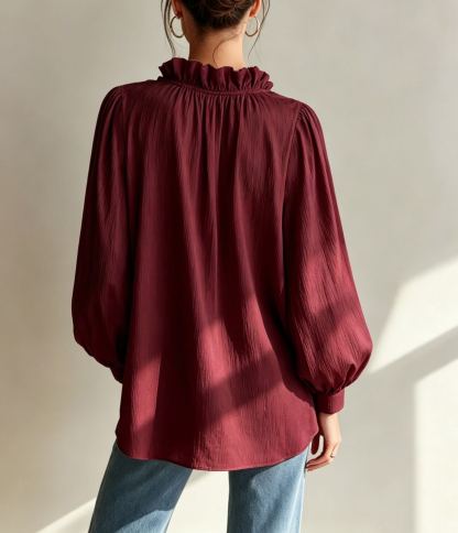 Women's Ruffle V Neck Blouse Long Balloon Sleeve Loose Fit Casual Dressy Top