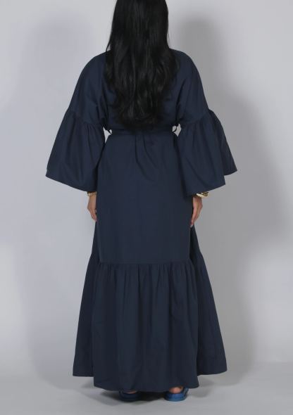 Tie Waist Balloon Sleeve Button-Front Maxi Shirt Dress