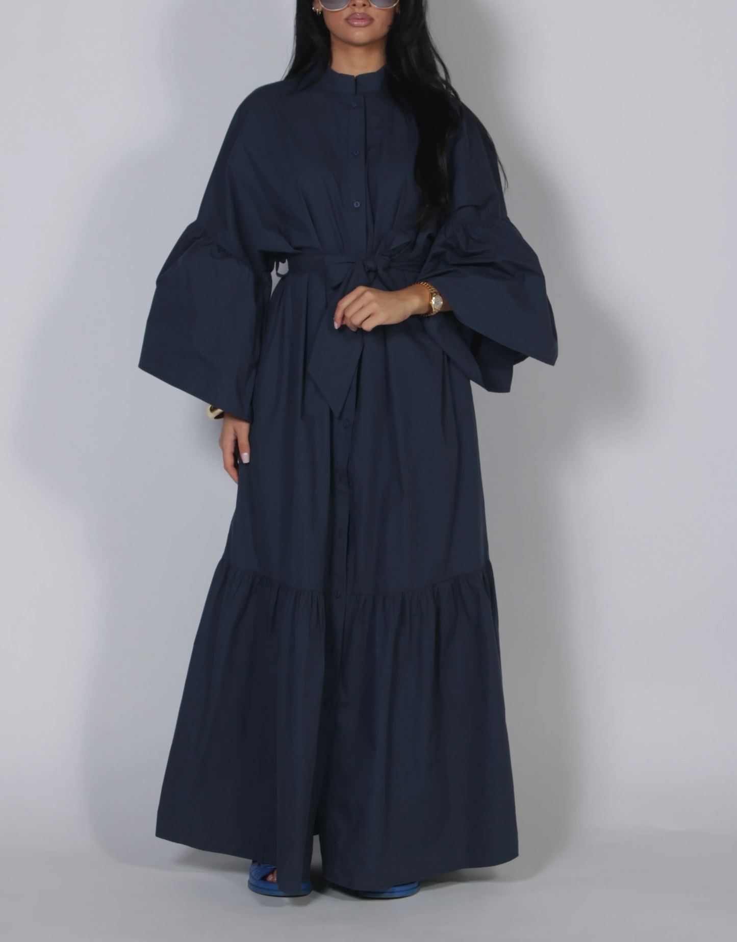 Tie Waist Balloon Sleeve Button-Front Maxi Shirt Dress
