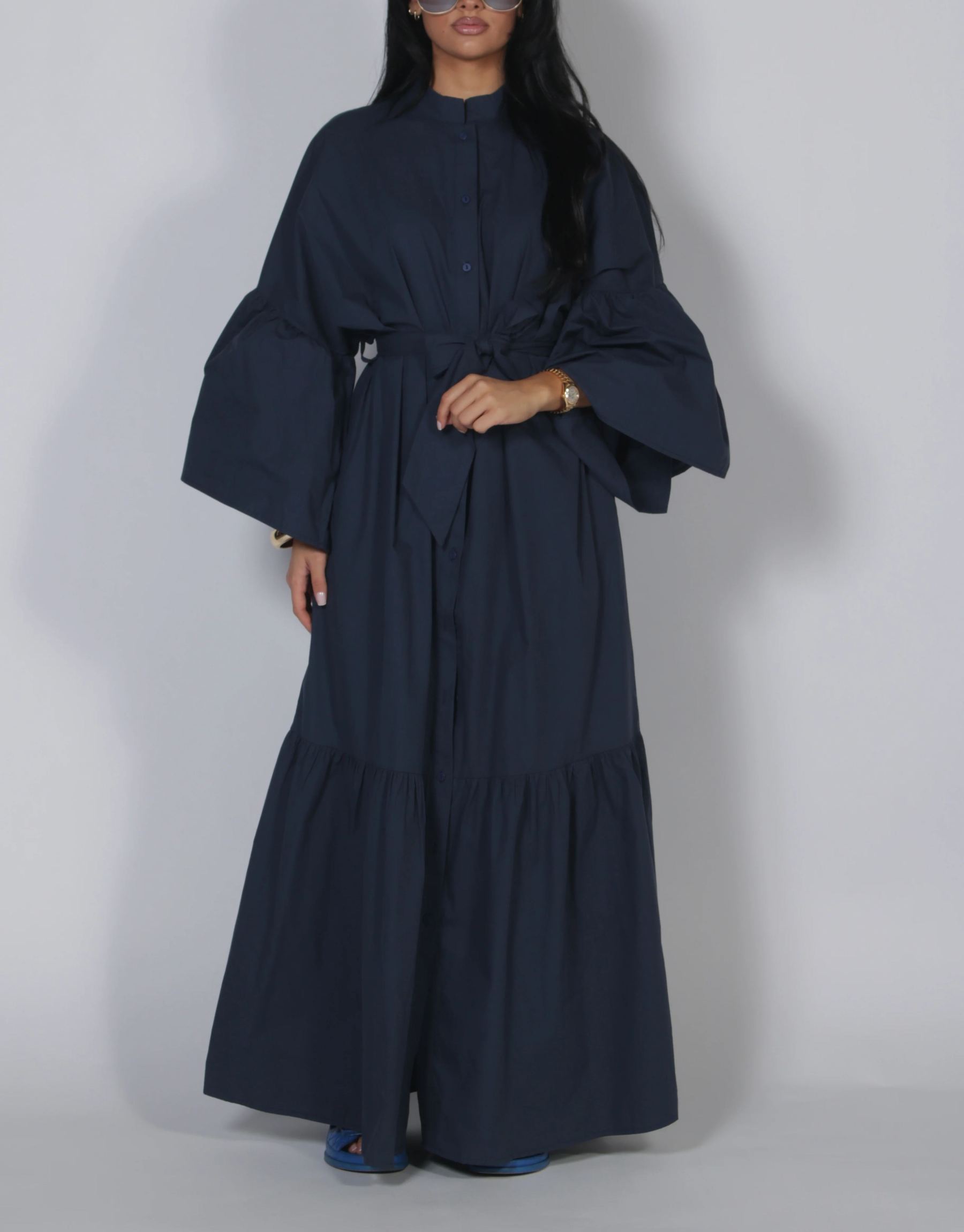 Tie Waist Balloon Sleeve Button-Front Maxi Shirt Dress
