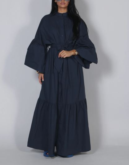 Tie Waist Balloon Sleeve Button-Front Maxi Shirt Dress