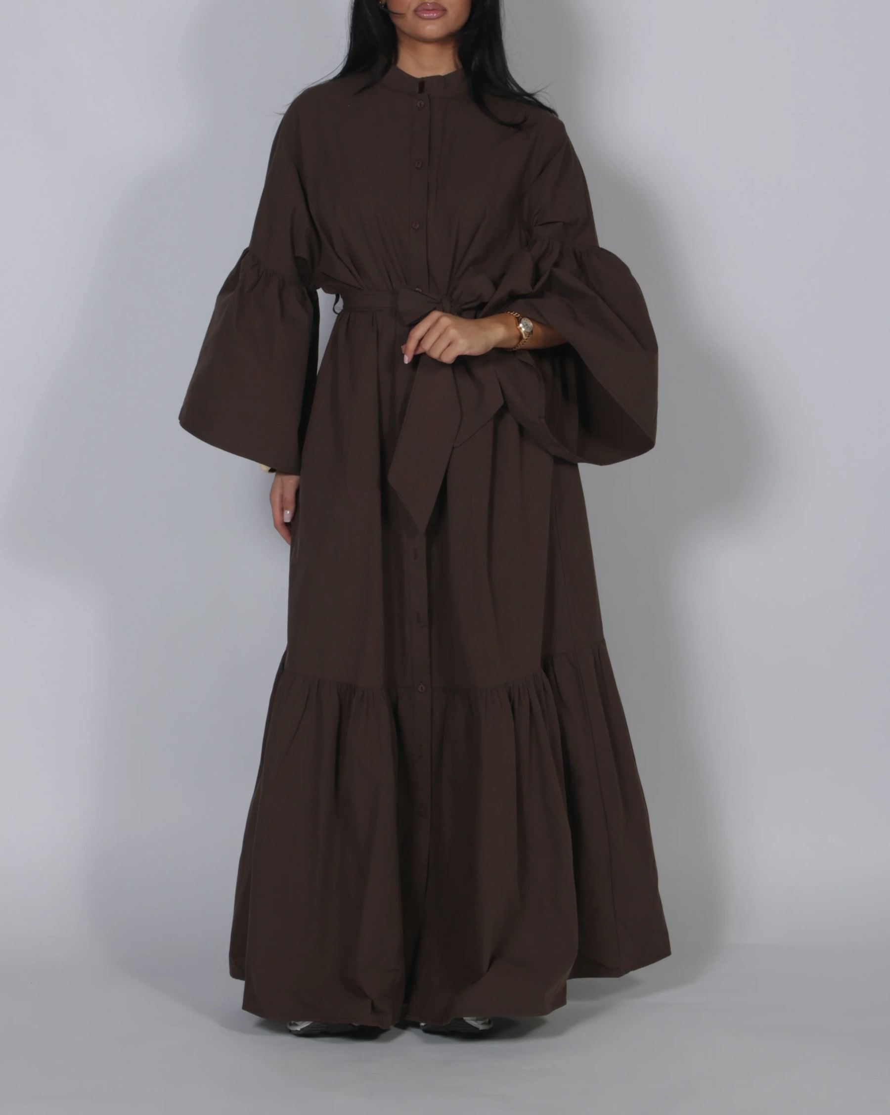 Tie Waist Balloon Sleeve Button-Front Maxi Shirt Dress